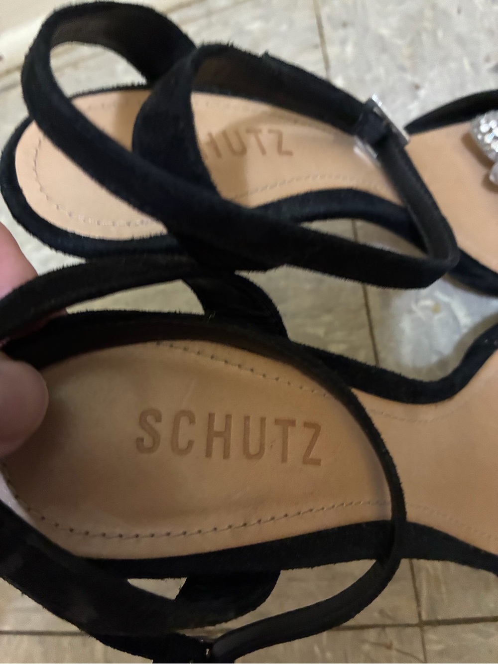 Schutz Black Suede Crystal Flower Ankle-Strap Sandals size 9 - Picture 3 of 10